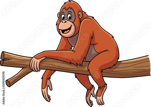 Cute cartoon orangutan sitting on tree branch with happy face, funny jungle animal vector illustration for children and wildlife designs