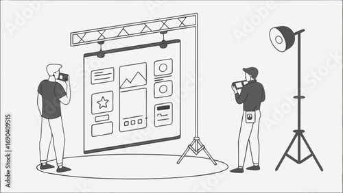 Two people photographing a large presentation board with UI design mockups in a studio setting.