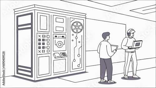 Two technicians inspecting a large technological control panel in a modern facility.