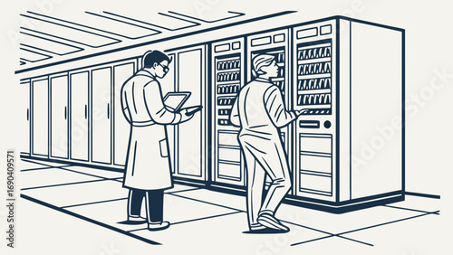 Two technicians working on server racks in a data center.