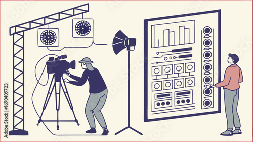 Video Production Studio Filmmaking Team Control Panel Camera Operator Audio Mixer Lighting Equipment Broadcast Television Movie Making Illustration Graphic Design Flat Design Vector Illustration Simp.