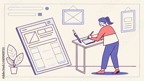 Website Design User Interface UX Design Flat Design Illustration Young Person Working Modern Office Creative Process Digital Design Web Development Graphic Design Interface Design App Design Planning.