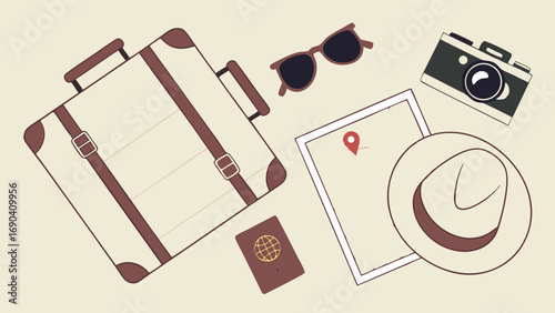 Vintage Travel Essentials Suitcase Map Camera Sunglasses and Hat Illustration.