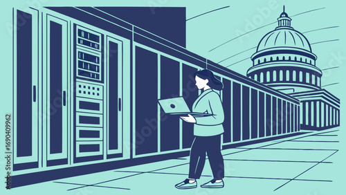 Woman using laptop near server racks and government building illustration modern technology data center network internet digital cybersecurity information technology data security government architec.