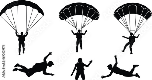 Skydiving silhouettes, parachute jump, freefall action, aerial sport, extreme adventure, black figures, skydivers in motion, parachuting stages, vector illustration, isolated icons, skydivers set, 