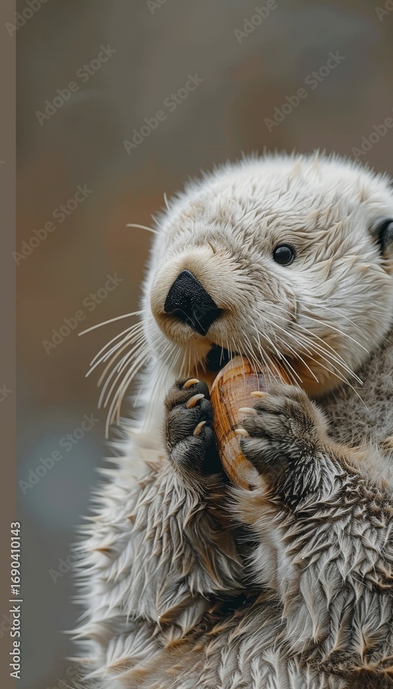 Fototapeta premium A sea otter relaxing on its back with a shell resting on its chest in calm waters