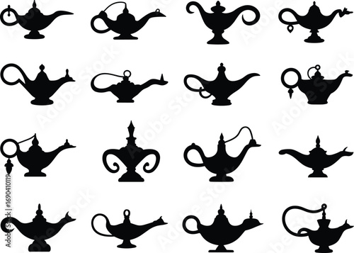 Vintage oil lamp silhouettes, antique lantern icons, genie lamp vector set, ornate flame holders, traditional lighting design, cultural illustration elements