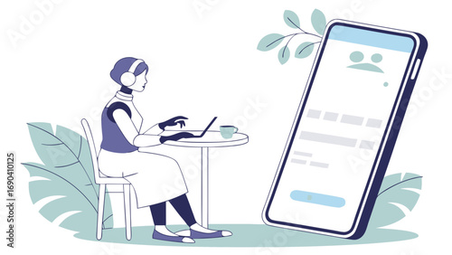 Woman using laptop and smartphone remote work online communication freelance technology illustration.