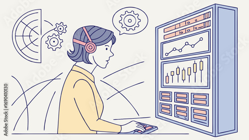 Woman using a computer with data visualization and analytics interface concept illustration of data analysis technology business intelligence information processing digital dashboard online monitorin.