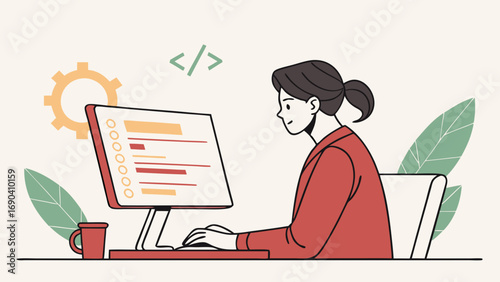 Woman working on computer programming coding software development modern workplace technology illustration office desk digital web design ui design ux design interface screen keyboard mouse code prog.
