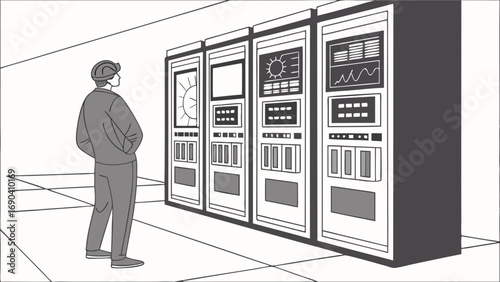 Worker observing industrial control panels in a facility.