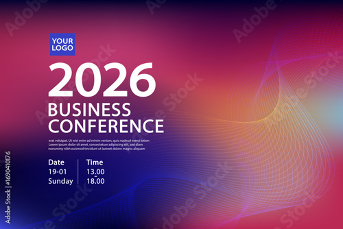 A modern invitation template for a corporate business conference in 2026. This professional banner design features a colorful abstract background for a summit, forum, or event.
