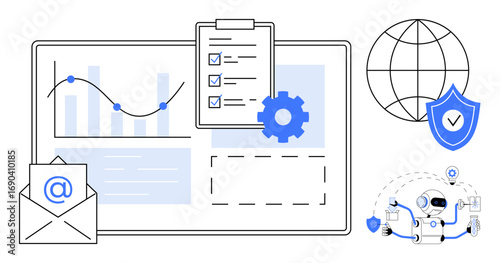 Data analysis chart, email icon, checklist on clipboard, globe, shield, and AI robot with connections. Ideal for cybersecurity, tech innovation, global reach communication workflow automation
