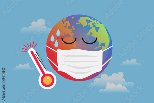 A sick planet Earth wearing a face mask has a high fever, symbolizing global warming and pandemic crises. This vector illustration represents climate change, pollution, and global health issues.