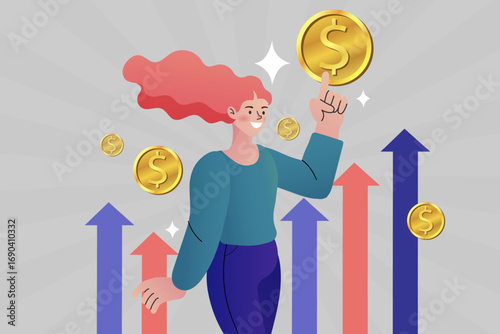 A successful woman celebrates financial growth, pointing to a gold coin amid rising chart arrows. This vector concept represents smart investment, profit, revenue, and personal wealth management.