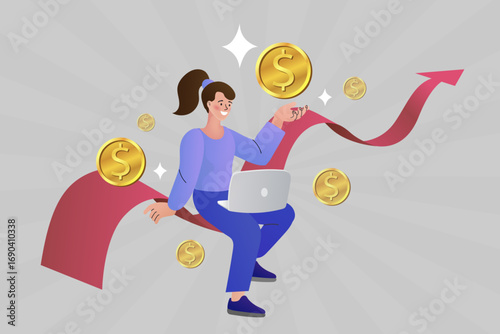 A woman with a laptop directs a rising financial arrow, symbolizing online business success. This vector concept illustrates e-commerce growth, smart digital investment, and freelance income.
