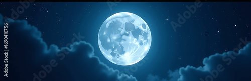 radiant full moon dominates velvety dark blue midnight sky luminescent glow casting ethereal silver haze across constellations