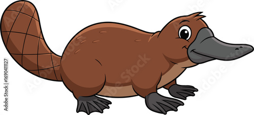 Cute cartoon platypus with big eyes, smiling face, webbed feet, unique bill, and fluffy tail, perfect for kids and mascots.