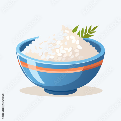 White Rice In Blue Bowl With Green Garnish