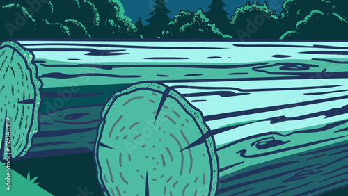 Illustration of felled trees in a forest setting with a dark green and light green color scheme on transparent background silhouette