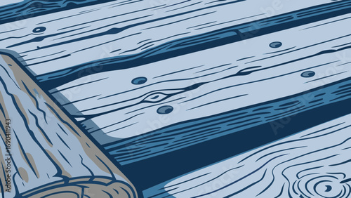 Close up view of a wooden pier with visible wood grain and texture in light and dark blue tones on transparent background silhouette