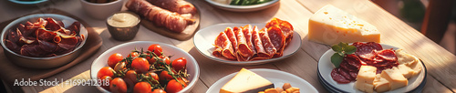 Delightful dinner spread on wooden table features array of cheeses, cured meats, fresh tomatoes, and vibrant greens, creating warm atmosphere