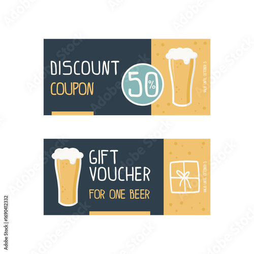 Beer discount coupon and gift voucher in flat cartoon style