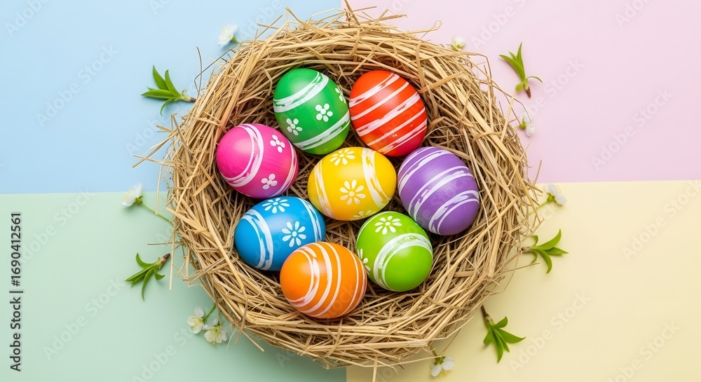 Obraz premium Colorful Easter eggs arranged in a nest of straw on a pastel background, cheerful springtime composition.