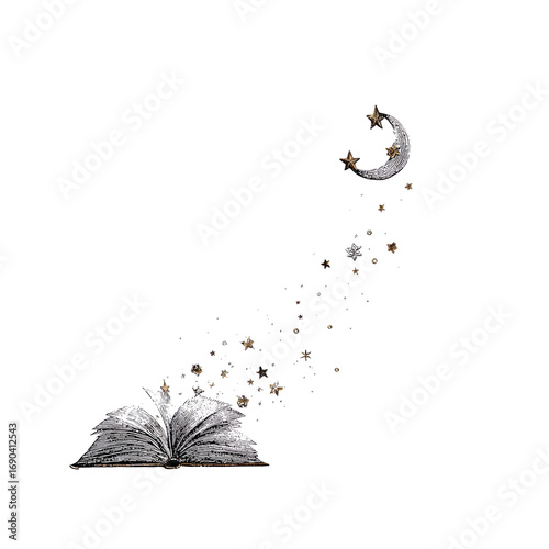 Magical Open Book with Stars and Crescent Moon Emanating from its Pages