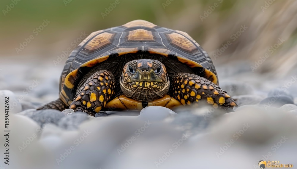 Obraz premium Tortoise slowly moving along a rugged path surrounded by rocks and natural terrain