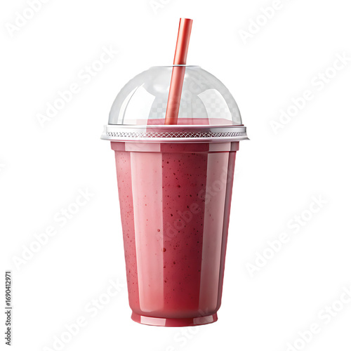 Red Berry Smoothie in a Clear Plastic Cup with Dome Lid and Straw pink fruit isolated on a transparent background