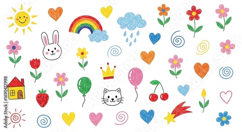 Wallpaper Mural A whimsical collection of hand drawn elements featuring a smiling sun rainbow flowers animals and various shapes for children s designs Torontodigital.ca