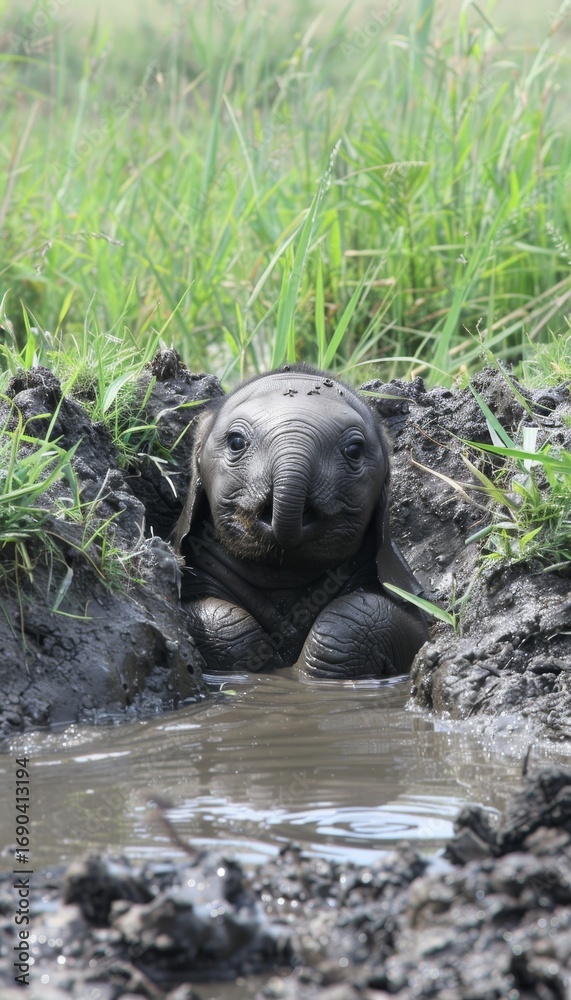 Obraz premium Young elephant joyfully splashing and playing in a muddy watering hole, enjoying its natural habitat