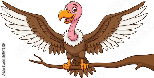Cute cartoon vulture bird perched on tree branch with wings spread wide, smiling character for wildlife, nature, and animal designs.