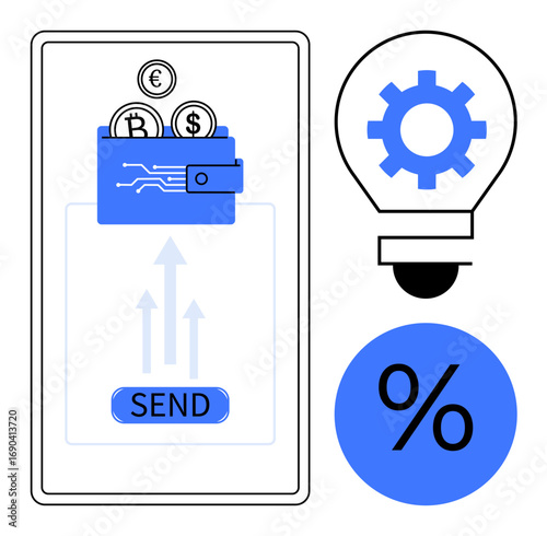 Mobile wallet with cryptocurrency coins, send button, upward arrows, gear, percent sign, lightbulb. Ideal for finance, fintech innovation blockchain investments savings banking. Simple flat