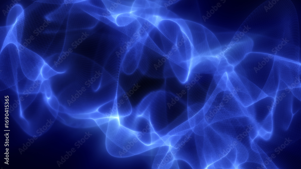 Obraz premium Glowing blue particles form a complex abstract mesh of curves and waves, radiating futuristic digital energy