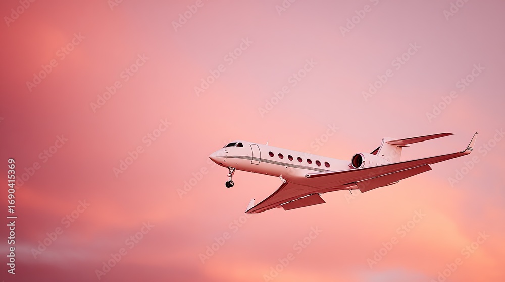 Fototapeta premium A sleek private jet soars through a vibrant, pastel sky, capturing a sense of freedom and aspiration with its elegant design and the warm glow of the sunset.