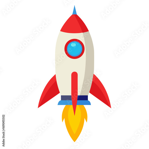 Cartoon rocket ship launching with fire flames, Bright cartoon rocket with red fins and blue window blasting off, symbolizing space travel, startup growth, creativity, and futuristic exploration.
