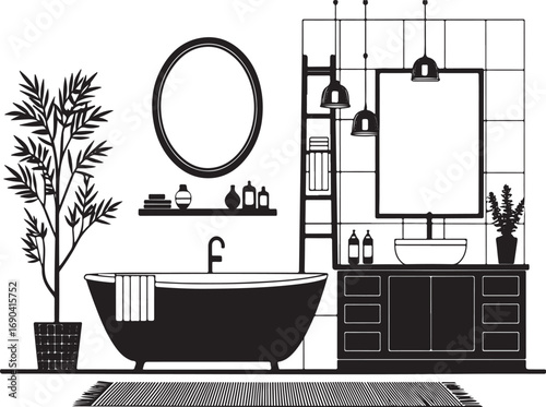 Black Silhouette of a Bathroom with Bathtub, Vanity, and Shelving Keywords: bathroom, silhouette