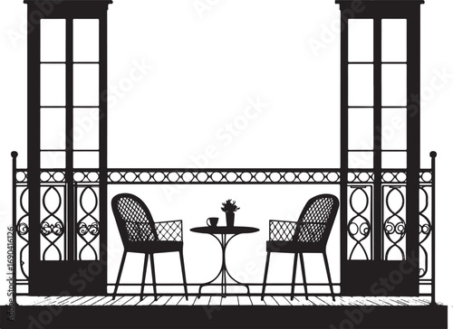 Silhouette of a balcony with ornate railing, doors, table and chairs vector illustration