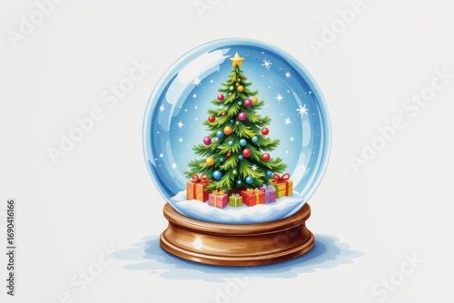 a watercolor of a snow globe with a miniature christmas tree and gifts inside, hand painted delicate detail, festive magical style, isolated on white background.