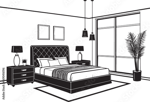 Modern Bedroom Interior Line Drawing with Large Window and Lamps line art