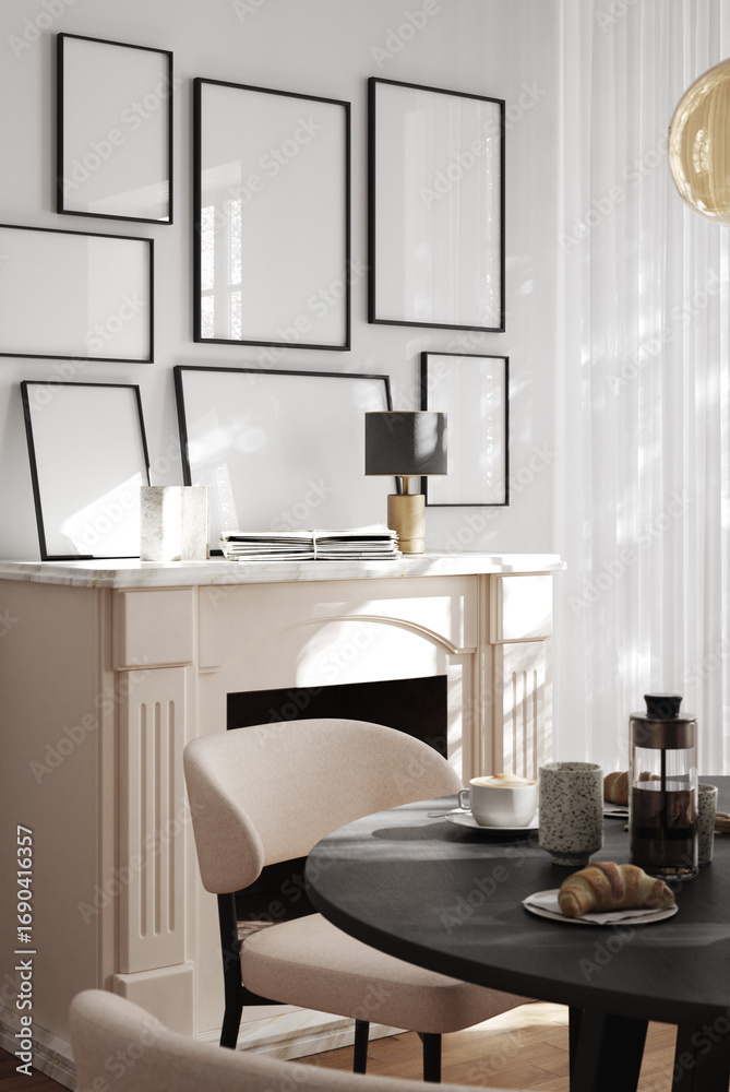 Fototapeta premium Gallery wall frame mockup in luxurious contemporary interior with dining space and fireplace, 3d render