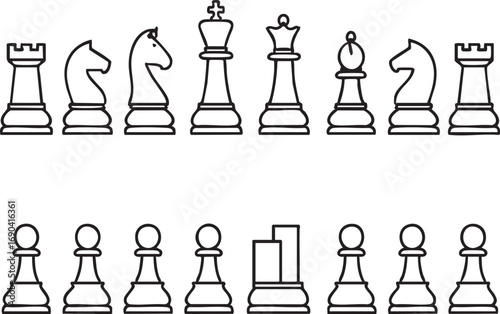 Chess piece lineup with traditional and one unique pawn replacement in black vector for strategy, metaphor, and game design themes