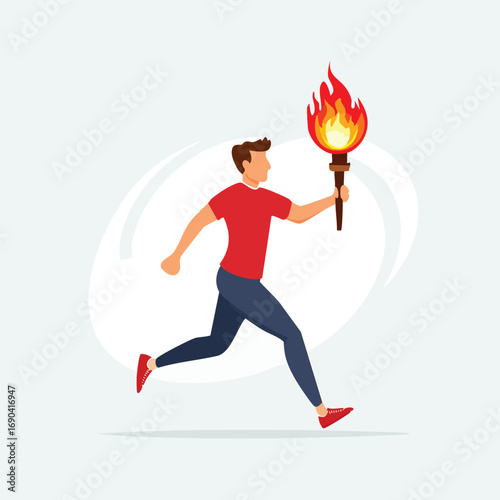 Man Running with Flaming Torch, Vector Illustration