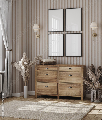 Mockup frame in elegant room interior with vintage wooden furniture and dried bouquet, 3d render