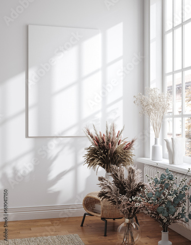 Canvas frame mockup in floral room, botanical design, 3d render
