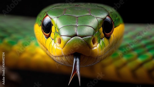 A striking close-up captures the intense gaze of a green snake, its forked tongue extended, showcasing intricate scale patterns and vibrant coloration against a dark backdrop.