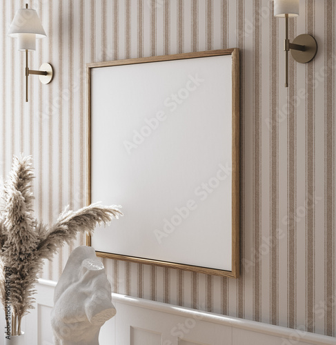 Mockup frame in elegant room interior with vintage wooden furniture and dried bouquet, 3d render