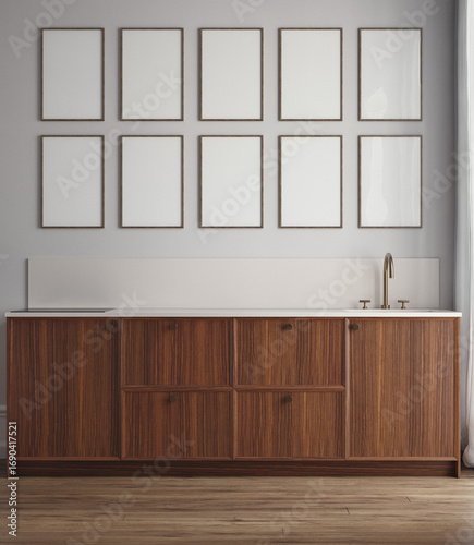 Frame mockup in minimalist modern kitchen interior, 3d render